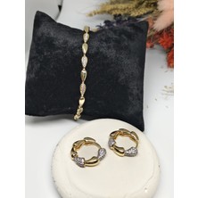 Tuel Gold Detaylı Zirkon Taşlı Çelik Bileklik&küpe Seti