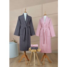 Ellaline 4 Parça Bornoz Seti %100 Pamuk Sertifikalı, Şalyaka Çeyizlik Aile Bornozu Takımı Antrasit - Pembe