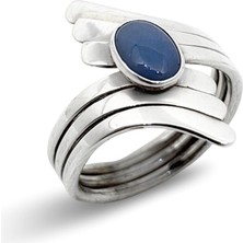 Oya Silver Doğal Mavi Akik Taşlı Kanat Gümüş Kadın Yüzük [OYSY085]