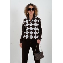 Zelish My Sister Kahve Ekru Baklava Desen Polo Yaka Kazak