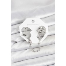 Clariss Pirinç Gümüş Renk Sarmal Model Zincir Bağlantılı Ear Cuff Küpe Seti - KP-0728