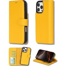 Exporanto Apple iPhone 16 Pro Max Uyumlu, Hakiki Deri, El Yapımı, Cüzdanlı Kılıf, Sarı
