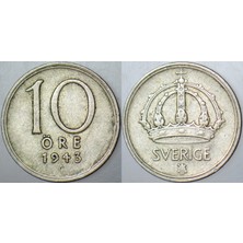 Banknoting Isveç 10 Öre 1943 Gümüş Iı. Dünya Savaşı Dönemi 1,44 Gr.