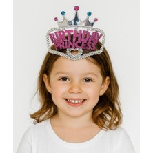 Evaglow Gümüş Renk Taç Üzeri Pembe Birthday Prenses Yazılı Çocuk Parti Tacı