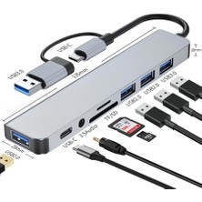 MT96 Otg Kablolu Çoklayıcı Type-C USB Girişli 8in1 Adaptör Hub Çoğaltıcı Kart Okuyucu Aux