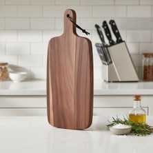 Akasya Ahşap Servis Tepsisi (45X15 Cm) | Uzun ve Ince Doğal Ahşap Sunumluk | Fincan, Bıçak, Baget Ekmek, Meze ve Şarküteri Tabağı (2 cm Kalınlık)