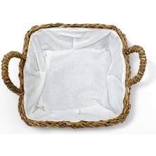 El Yapımı Doğal Hasır Kulplu Çok Amaçlı Dekoratif Kare Sepet, Hasır Kulplu Ekmek Sepeti (25X25X8 Cm)