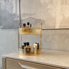 2 Katlı Makyaj Organizeri Kozmetik Aksesuar Düzenleyici Kozmetik Vitrini Yuvarlak (Amber Sarı)