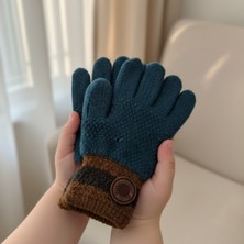 Mare Accessories Çocuk Petrol Mavisi Triko Eldiven – Kahverengi Çizgili (4–8 Yaş)