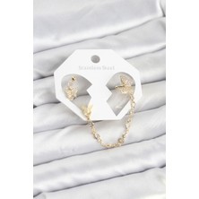 Clariss Kelebek Model Pirinç Gold Renk Zincir Bağlantılı Ear Cuff Küpe Seti -KP-0754