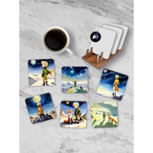 (PSTER21249) Küçük Prens Temalı Standlı Ahşap Bardak Altlığı Seti, 6 Adet Baskılı Bardak Fincan Kahve Altlığı