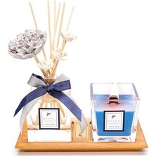 Masif Ahşap Tepsili Vıp Yasemin Sandal Oda Kokusu ve Mum Seti