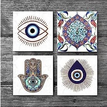 Nazar, Çini Sanatı, Fatma Ana Eli  Taş Bardak Altlığı Seti - 4 Parça - Dekoratif, Rustik Mutfak Aksesuarı, 10X10 Cm, Kaydırmaz Tabanlı, Şık ve Dayanıklı SC410