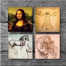 Da Vinci Mona Lisa, Genç Bir Kadının Baş Profili, Vitruvius Adamı, At Heykeli Taş Bardak Altlığı Seti - 4 Parça - Dekoratif, Rustik Mutfak Aksesuarı, 10X10 Cm, Kaydırmaz Tabanlı SC137