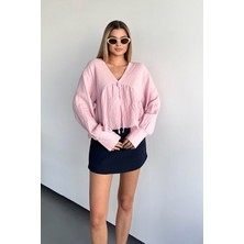 Jee Lee Kadın V Yaka Bağlama Detaylı %100 Pamuklu Bluz Pembe - 26Y 1003