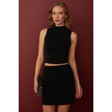 FullaModa Taşlı Simli Dik Yaka Bluz