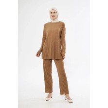 Alfanora Uzun Kollu Organik Yıkanmış Kumaş Fitilli Pantolonlu Takım - Kahve