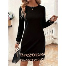 Nidam Butik Kadın Uzun Kollu Bisiklet Yaka Şerit Leopar Desenli Kısa Dalgıç Elbise