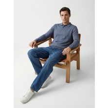 LTB Uzun Kollu Polo Yaka Önü Düğmeli Mavi Kazak