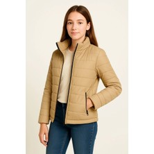 Kız Çocuk Şişme Mont Hafif ve Sıcak Tutucu Kışlık Fermuarlı Su Itici Rahat Günlük Mont Kapüşonuz Modern Tasarım - Bej