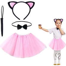 Elma Shop Pembe Renk Etekli Kedi Kostüm Seti (Tütü, Taç, Papyon, Kuyruk)
