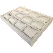 Özer Kutu 12 Li Saat & Kelepçe Yastıklı Masaüstü Kutu & Tabla Krem Süet