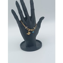 Lagül Aksesuar 316L Çelik Kararmaz Paslanmaz Suya Dayanıklı Kelebek ve Mavi Taş Detaylı Gold Bileklik