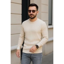 Erkek Bisiklet Yuvarlak Yaka Triko Kazak Pamuklu Kalın Fitilli Dokuma, Regular Fit Uzun Kollu Kışlık Model - Bej