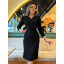 Kadın Uzun Kollu Düğme Detaylı Kendinden Kemerli Ithal Krep Elbise