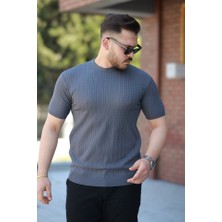 Erkek Bisiklet Yaka Örgü Desenli Kısa Örme Triko Kısa Kollu T-Shirt