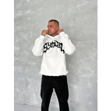 Unisex Üç Iplik Kapşonlu Baskılı Sweatshirt - Beyaz