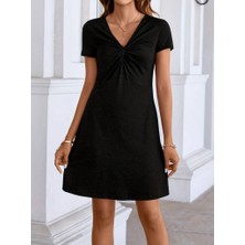 Kadın Kısa Kollu Yaka Detay Viskon Elbise