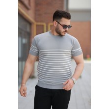Erkek Çizgi Desenli Bisiklet Yaka Kısa Kollu T-Sihrt