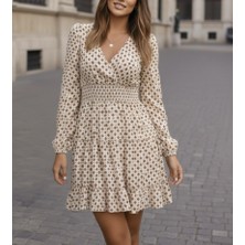 Kadın Uzun Kollu Kruvaze Yaka Desenli Mini Modal Elbise