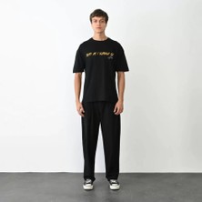 Unisex Bisiklet Yaka Baskılı Oversize T-Shirt - Siyah