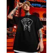 Erkek Büyük Beden Kart Baskılı Düz Renk Kısa Kollu Bisiklet Yaka Tişört Gündelik Giyim - Siyah