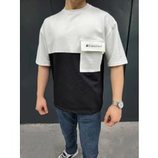 Unisex Torba Cep Detaylı  Parçalı T-Shirt - Siyah