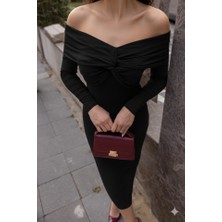 Kadın Uzun Kollu Madonna Yaka Düğüm Büzgü Detay Maxi Boy Elblbise