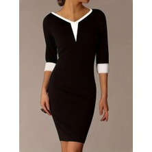 Kadın Truvakarkol V Yakalı Blok Renkli Kısa Janjan Krep Elbise