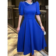 Kadın Bisiklet Yaka Kısa Kol Lastik Detay Uzun Elbise