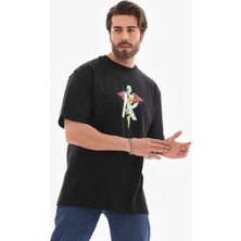 Unisex Bisiklet Yaka Baskılı Oversize T-Shirt - Siyah