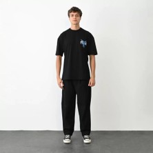 Unisex Bisiklet Yaka Baskılı Oversize T-Shirt - Siyah