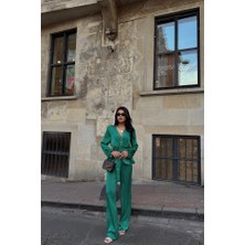 Saten Kruvaze Bağlamalı Bluz- Pantolon Takım - Yeşil