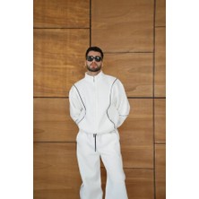 Erkek Premium Parçalı Eşofman Takım - Dik Yaka Fermuarlı Biyeli Sweatshirt Lastik Paça Alt, Oversize 3 Iplik Şardonlu - Beyaz