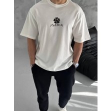 Unisex Bisiklet Yaka Baskılı Oversize T-Shirt - Beyaz