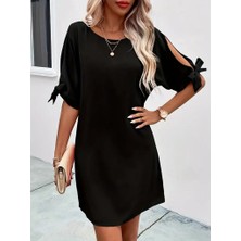 Kadın Kısa Kollu Kolu Bağlamalı Yakası Açık Janjan Elbise