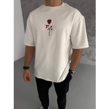 Unisex Bisiklet Yaka Baskılı Oversize T-Shirt - Beyaz