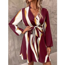 Torqvitrin Kadın Uzun Kollu Kruvaze Yakalı Desenli Modal Mini Elbise