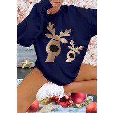 Kadın Uzun Kollu Bisiklet Yaka Geyik Desenli Viskon Iki Iplik Bluz