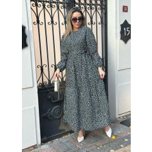 Kadın Uzun Kollu Bisiklet Yaka Papatya Desen Kuşak Dahil Maxi Boy Elbise